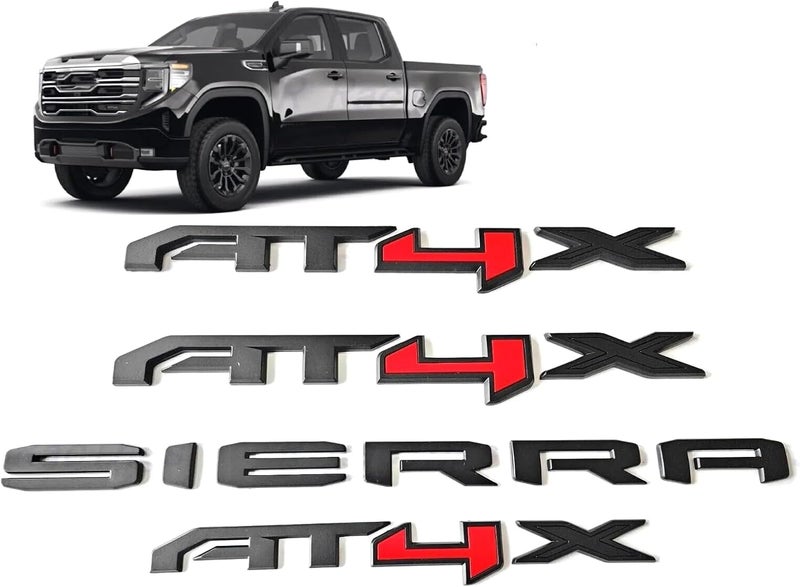 4Pcs New Doors Rear AT4X Nameplate 3D Emblems Badge Replacement for 20232026 Sierra 1500 Black Red Gloss